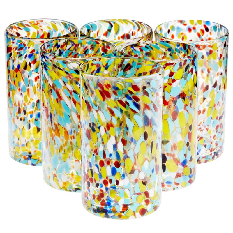 Okuna Outpost Hand Blown Mexican Glassware - Confetti Hand Blown Glasses for Cocktails & Beverages - Reusable Rock Tumblers & Handblown Drinkware - Pack of 6, 14 oz, Multicolor - Image 1